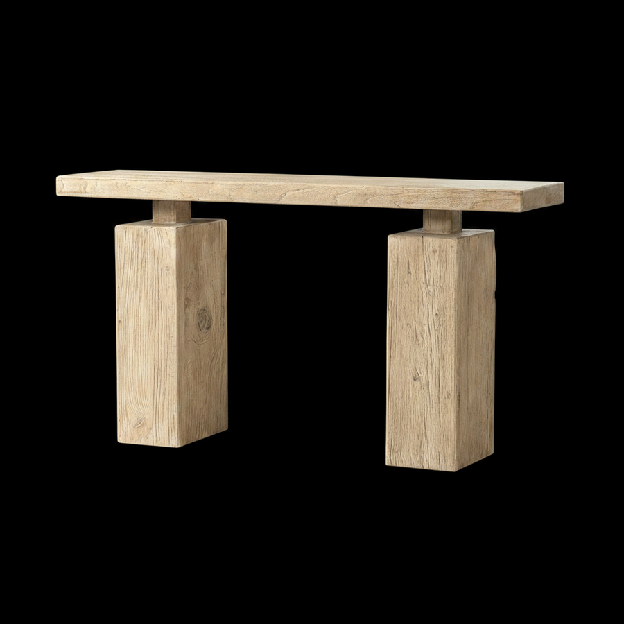 Calder 60' Solid Reclaimed Elm Plinth Console Table, Heritage Light Natural Brown