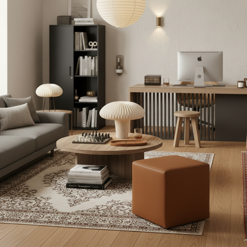 31.49'' Faux Burl Wood Pattern Round Coffee Table with Sturdy Pedestal - daytime apartment close-up